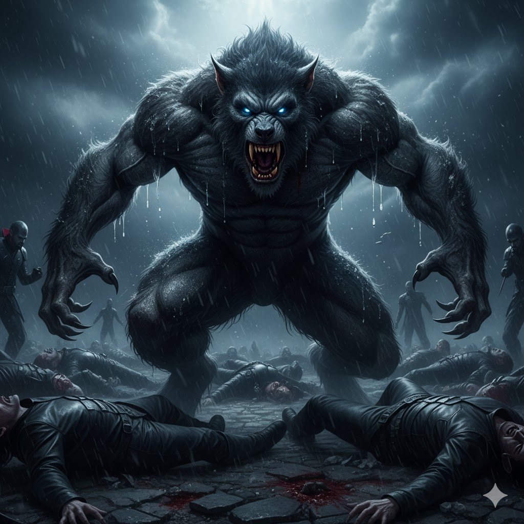 Massive werewolf in berserker rage, glowing eyes, surrounded by fallen vampires, primal fury, moonlit scene